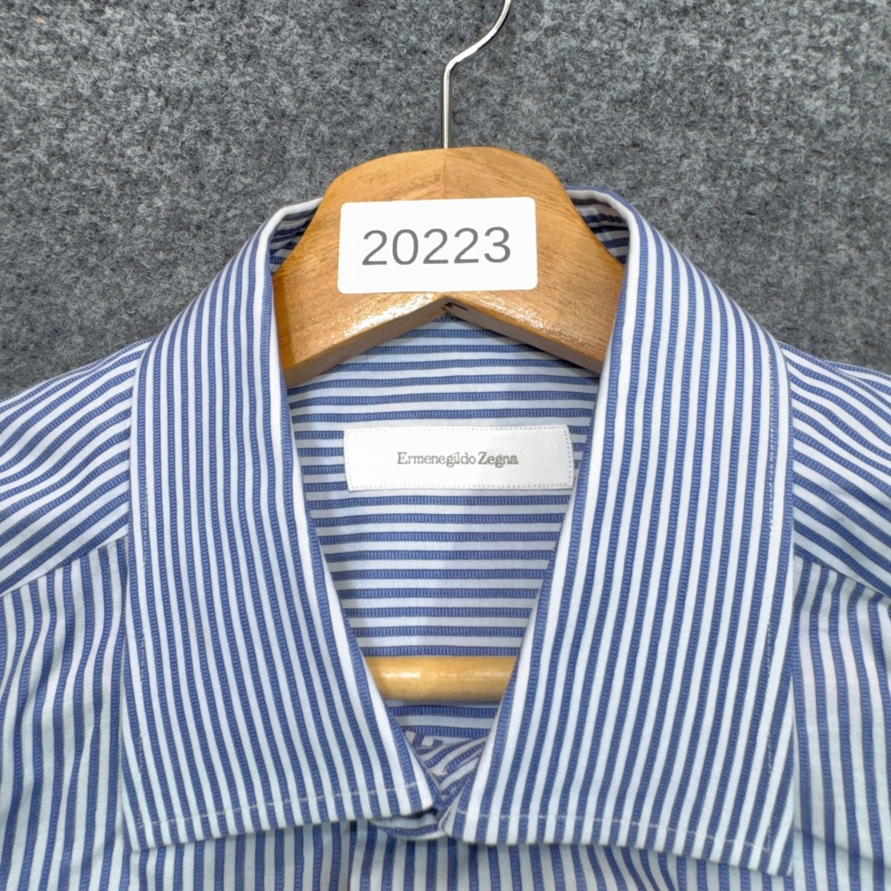 Ermenegildo Zegna Dress Shirt Mens 16.5 42 Blue White Bengal Stripe Comfort Fit